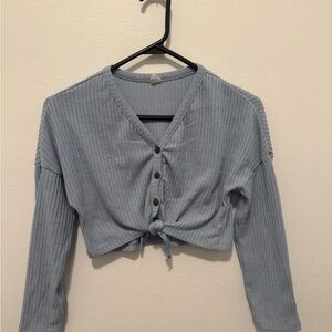 Blue Ribbed Button-Up Crop Top For Girls